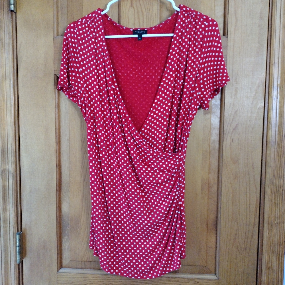 Talbots Red White polka dot wrap ruched v neck short sleeve‎ top